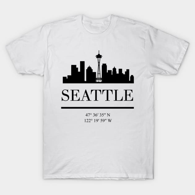 SEATTLE WASHINGTON BLACK SILHOUETTE SKYLINE ART T-Shirt by deificusArt